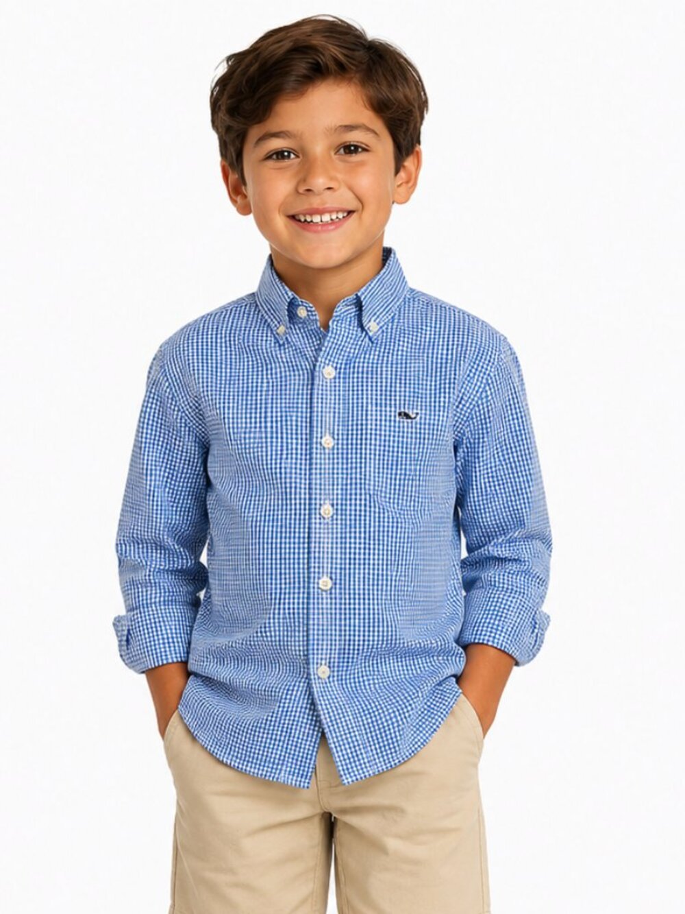 Vineyard Vines Boys Blue Gingham Whale Button-Down Shirt Size M (12-14)